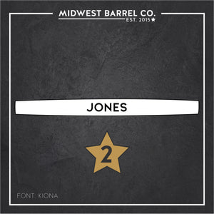 
                  
                    Engraved full size barrel stave font option 2 with name Jones in center
                  
                