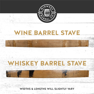 
                  
                    Graphic depicting differences between a wine barrel stave with light band marks and a whiskey barrel stave with dark band marks and darker wood. Widths and lengths will slightly vary.
                  
                