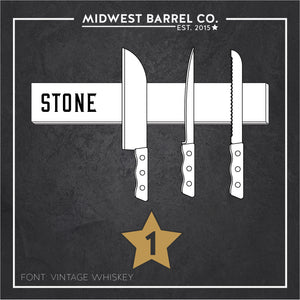 
                  
                    Option 1: Whiskey barrel stave knife block image with three knives and Stone font 
                  
                