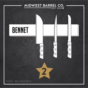 
                  
                    Option 2: Whiskey barrel stave knife block image with three knives and Bennet font
                  
                