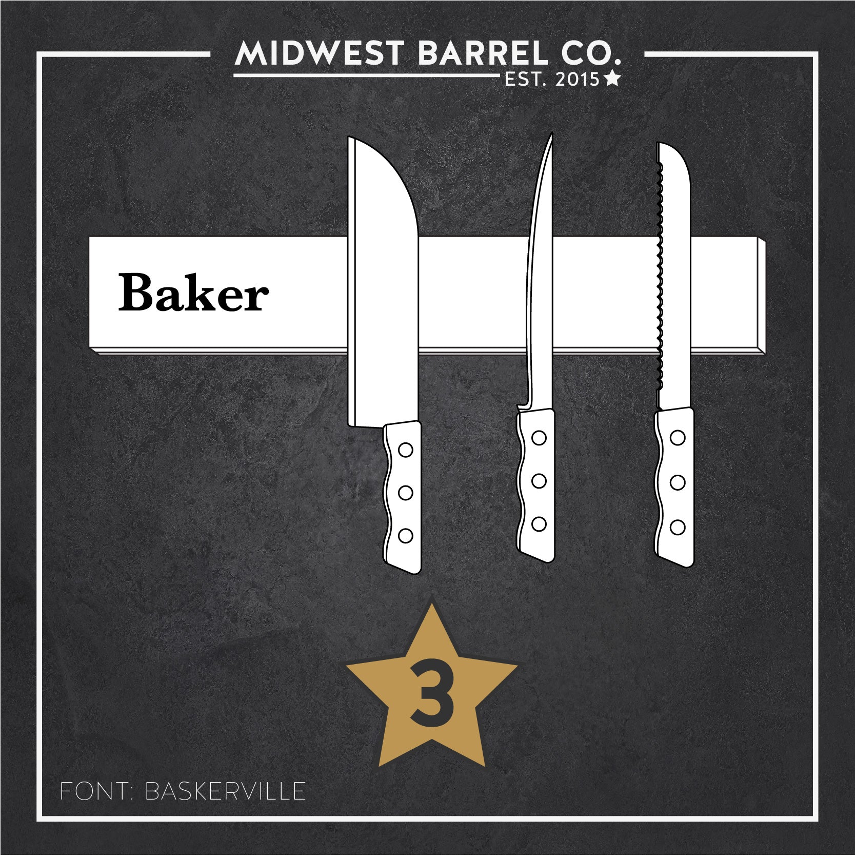 Option 3: Whiskey barrel stave knife block image with three knives and Baker font