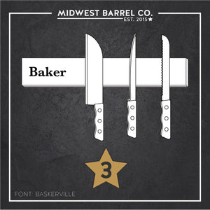 
                  
                    Option 3: Whiskey barrel stave knife block image with three knives and Baker font
                  
                