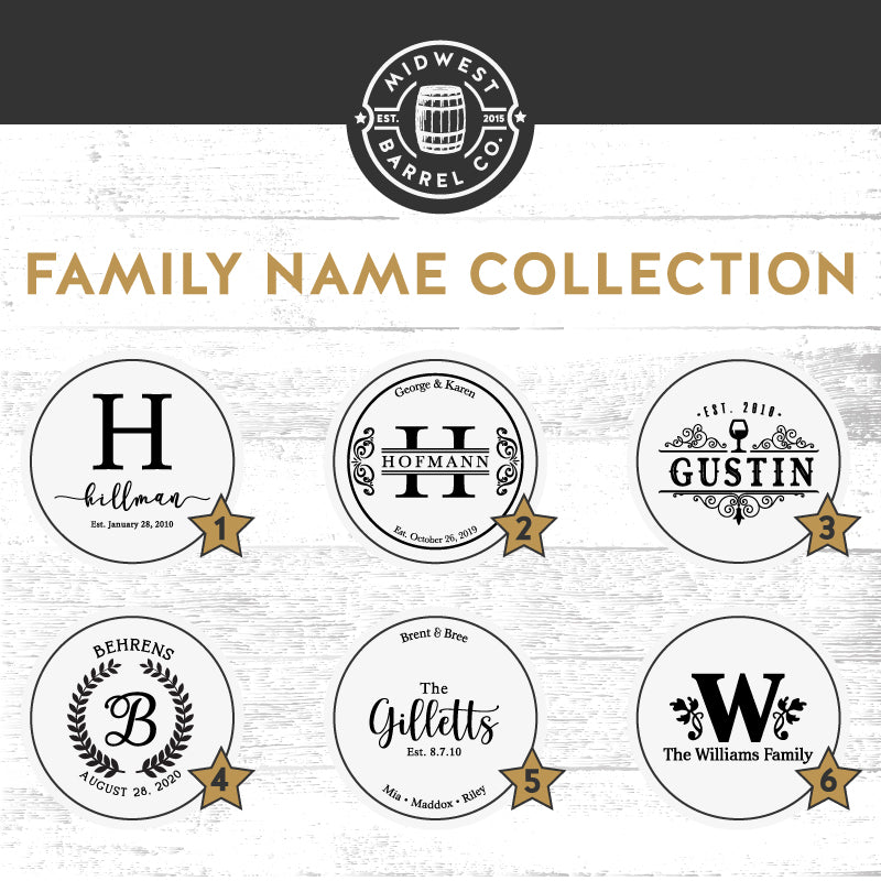 Family Name Collection all engraving options for full size wine or whiskey barrels