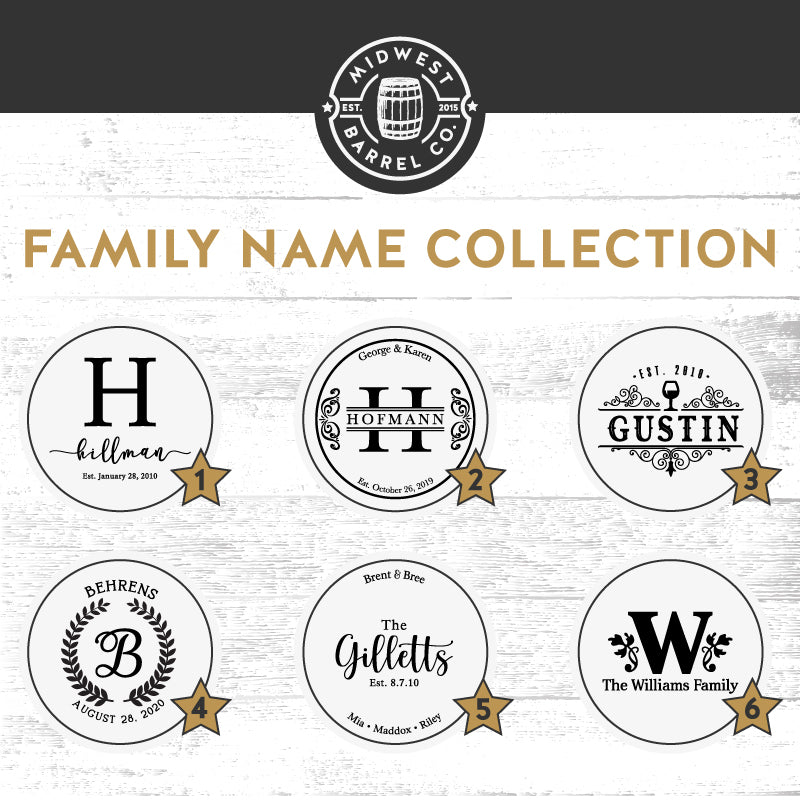 
                  
                    Family Name Collection all engraving options for full size wine or whiskey barrels
                  
                