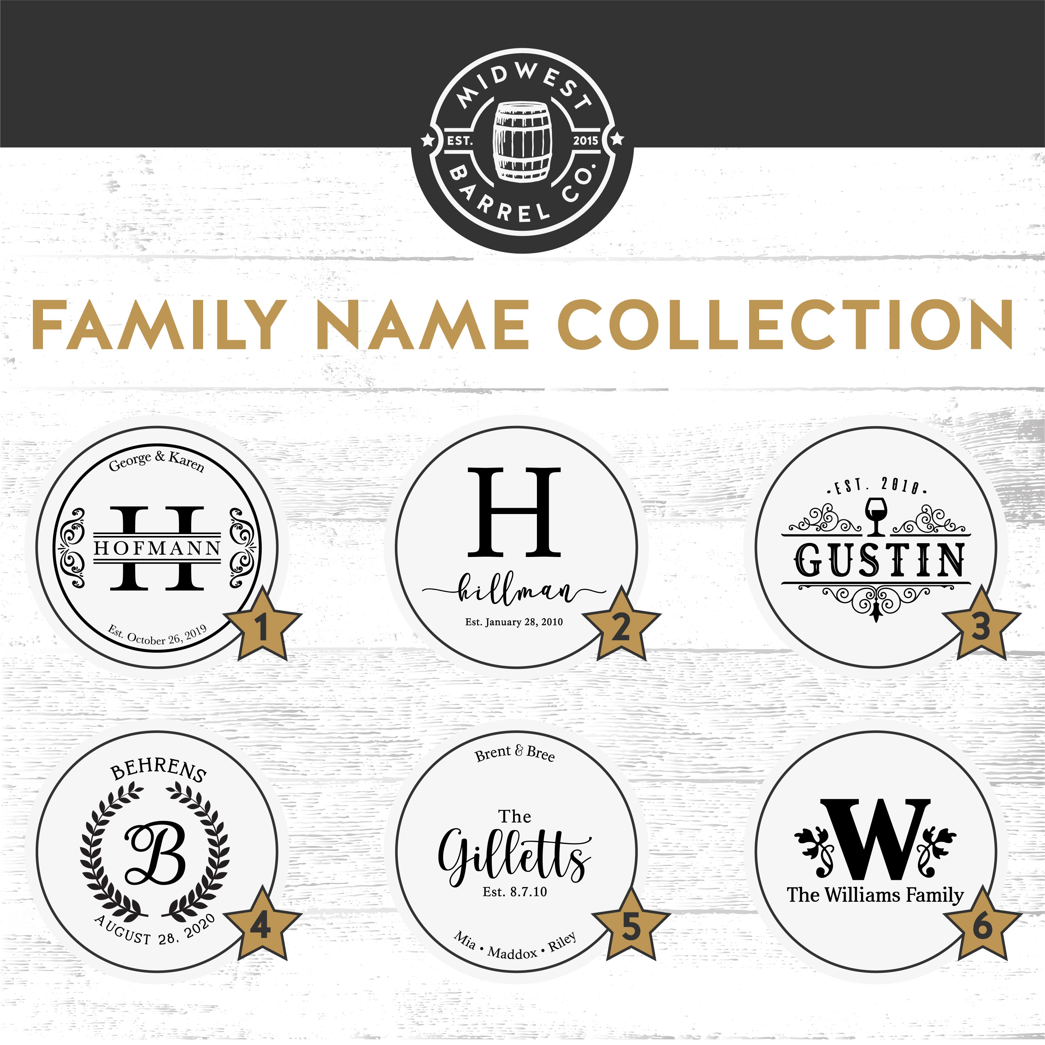 Family Name Collection engraved whiskey and wine barrel options