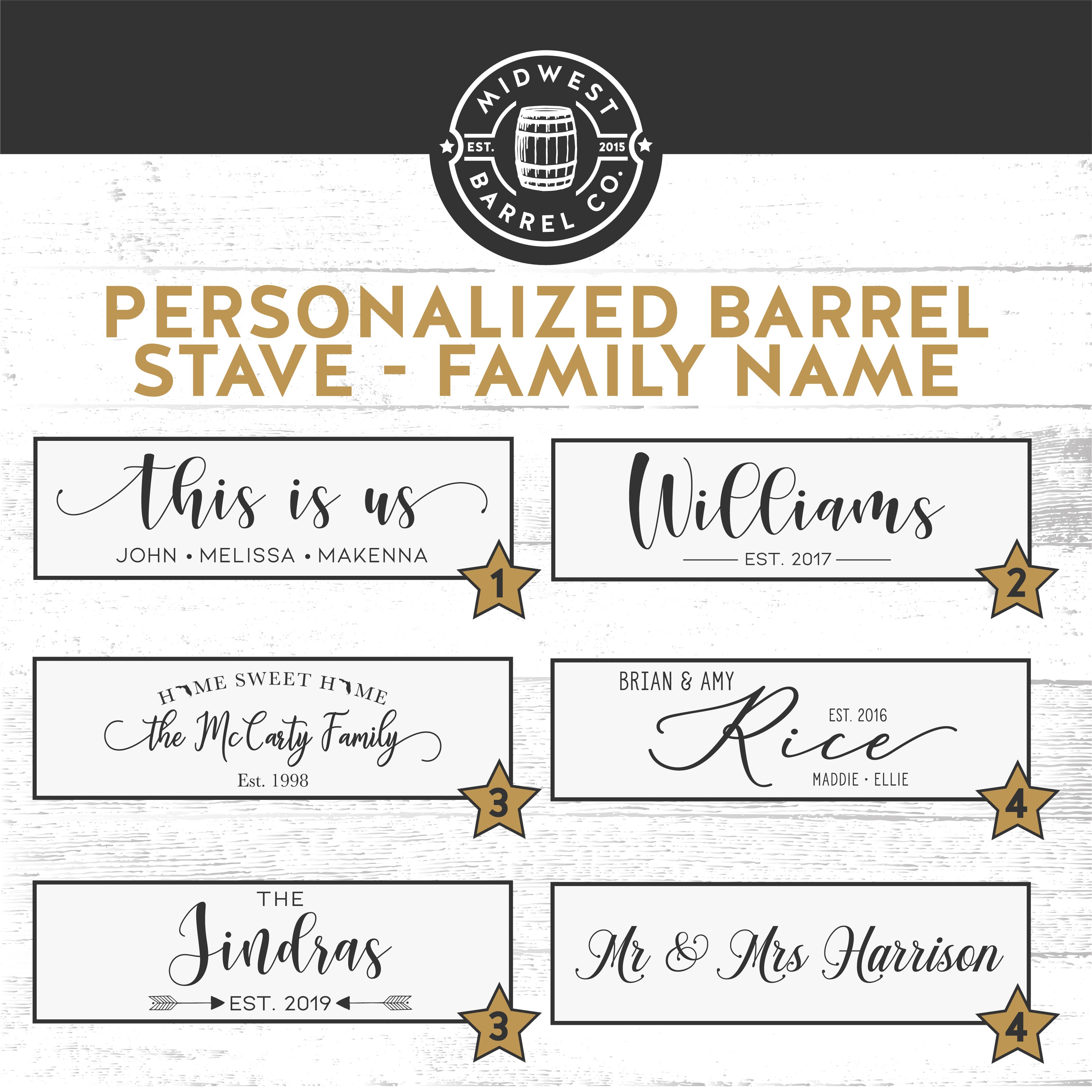 Engraved personalized barrel stave family name collection options