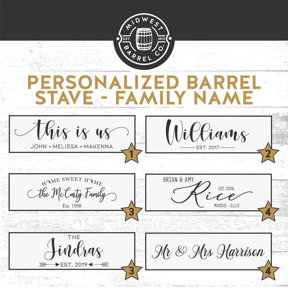 Engraved personalized barrel stave family name collection options