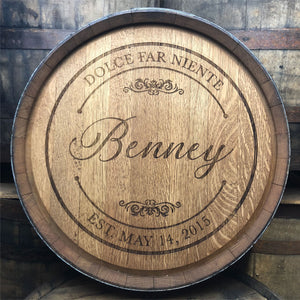 
                  
                    Example 4 of a custom laser engraved barrel with family name, motto and established date
                  
                