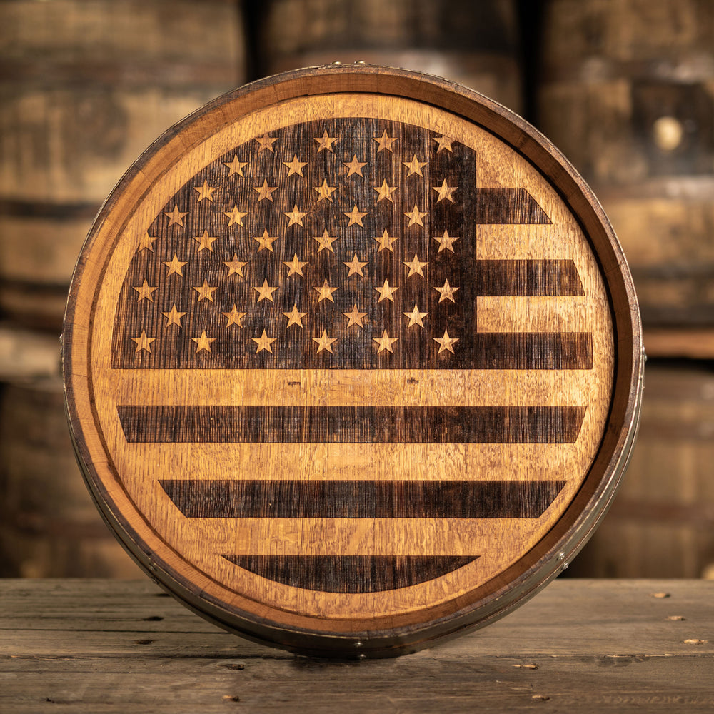 
                  
                    Laser engraved whiskey barrel with an American flag design
                  
                