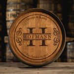 Engraved barrel family name example with H Hoffman, George & Karen and Est. October 26, 2012