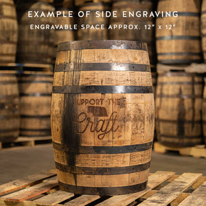 
                  
                    Example of side engraving engravable space approx. 12" by 12" with picture of an engraved whiskey barrel with Support the Craft and state of Nebraska engraved on the side and other used whiskey barrels stacked on pallets in the background
                  
                