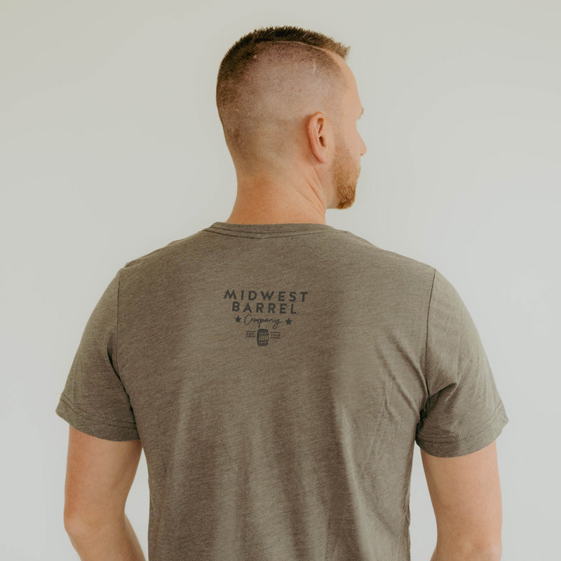 Small Midwest Barrel Company logo and barrel on the back of the Good Life Good Barrels t-shirt 