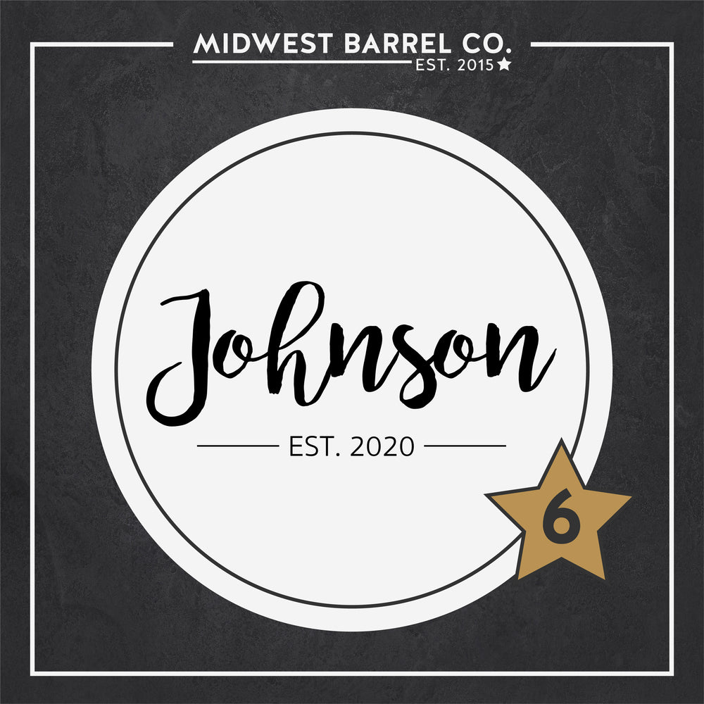 
                  
                    Engraving design option 6 with Johnson family name in center and Est. 2020 wedding year below the name
                  
                