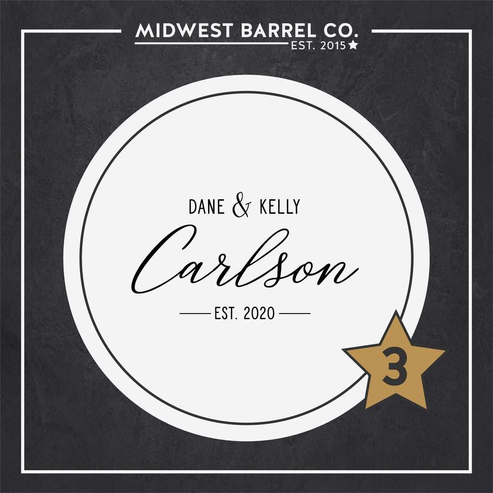 
                  
                    Engraving option 3 with Carlson family name in the center and Dane & Kelly first names above and Est. 2020 wedding year underneath name
                  
                