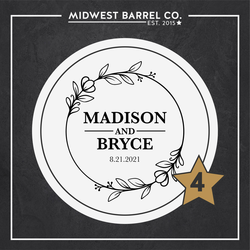 
                  
                    Engraving design option 4 with Madison and Bryce first names in the center and 8.21.2021 wedding date underneath and surrounded by floral, leafy border circle
                  
                