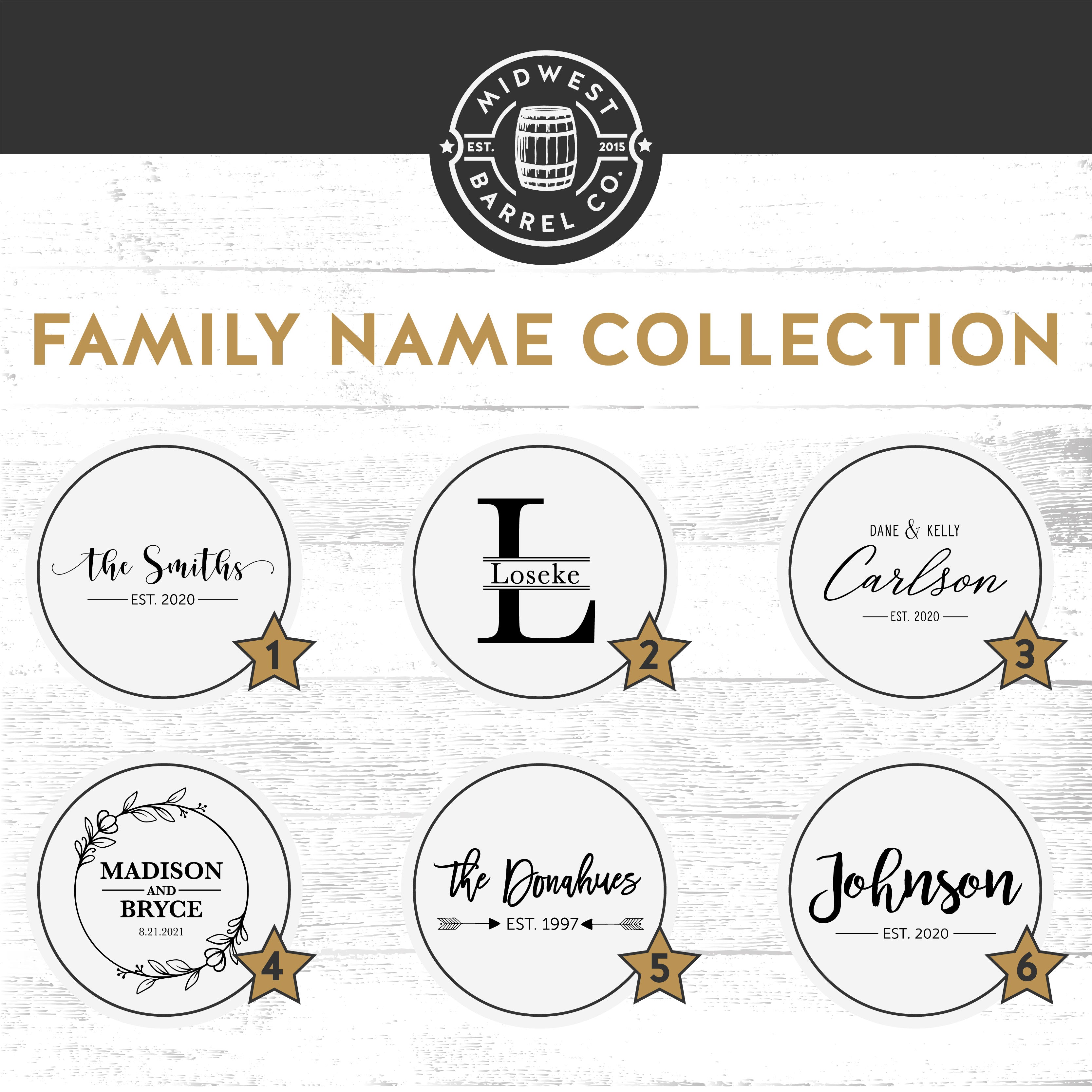 Family Name engraved wine and whiskey barrel head design options