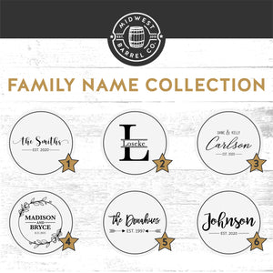 
                  
                    Family Name engraved wine and whiskey barrel head design options
                  
                