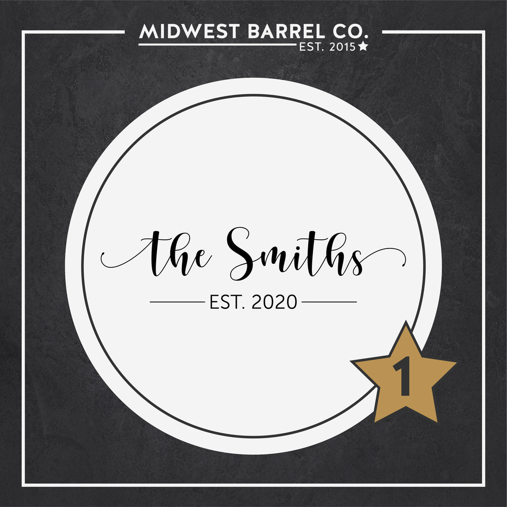 
                  
                    Engraving design option 1 with The Smiths family name in the center and Est. 2020 wedding year underneath
                  
                