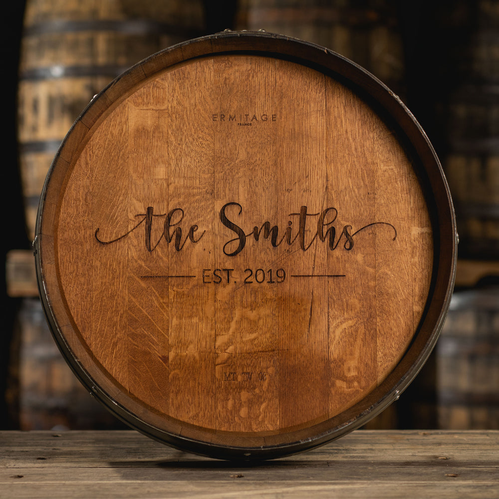 Engraved barrel head with The Smiths name in the center and Est. 2019 anniversary year under the name