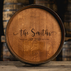 
                  
                    Engraved barrel head with The Smiths name in the center and Est. 2019 anniversary year under the name
                  
                