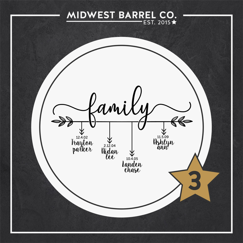 
                  
                    Option No. 3 Family tree design with horizontal line with leaves at the end and vertical lines with arrows pointing to family member name and birth date
                  
                