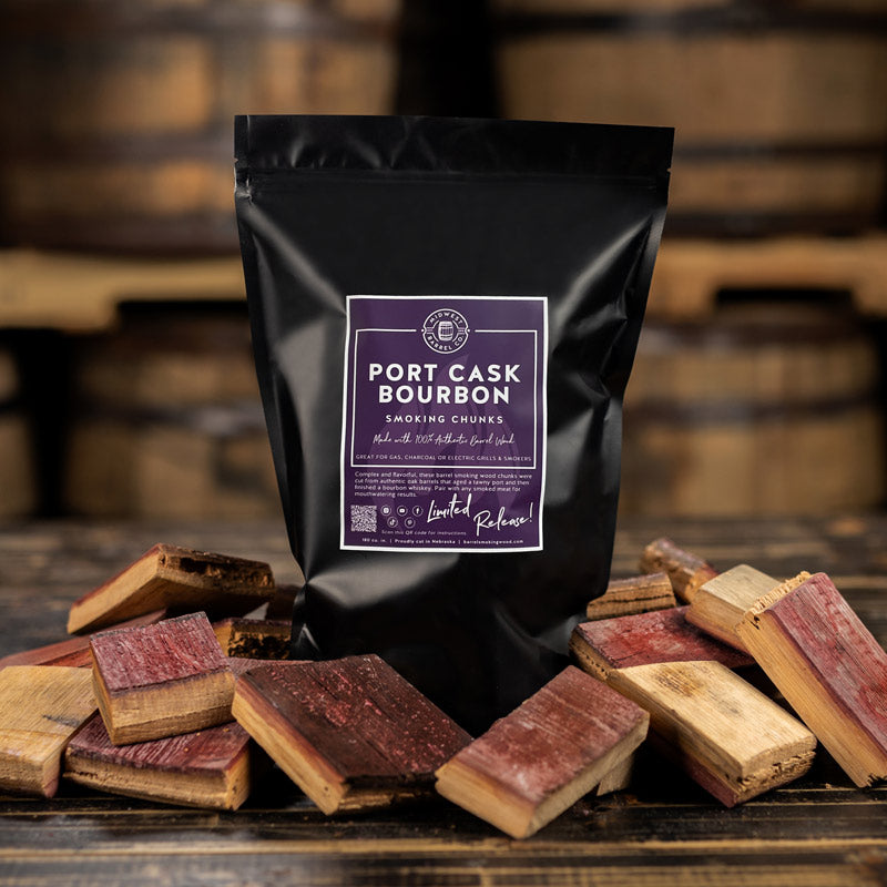 Bag of Port Cask Bourbon Smoking Chunks with chunks stained red around the bag