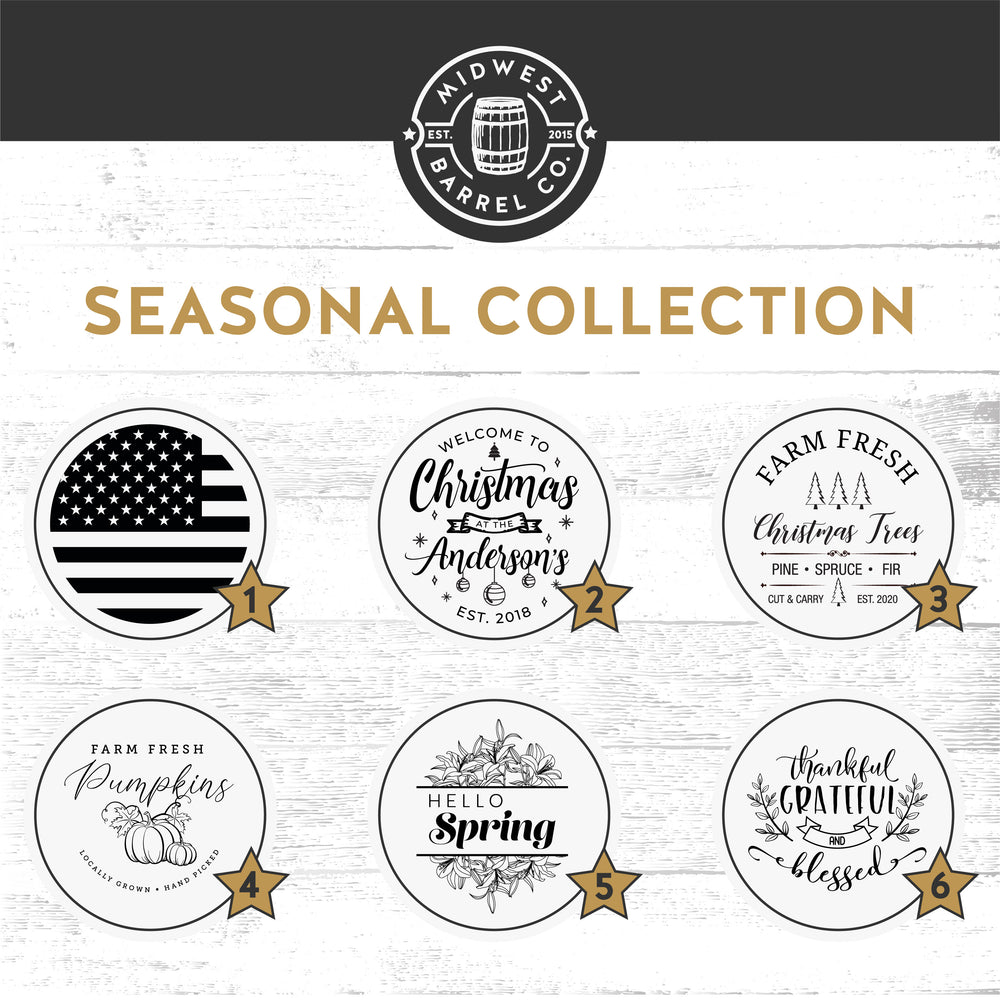 
                  
                    Laser engraved wine and whiskey barrel head seasonal designs collection
                  
                