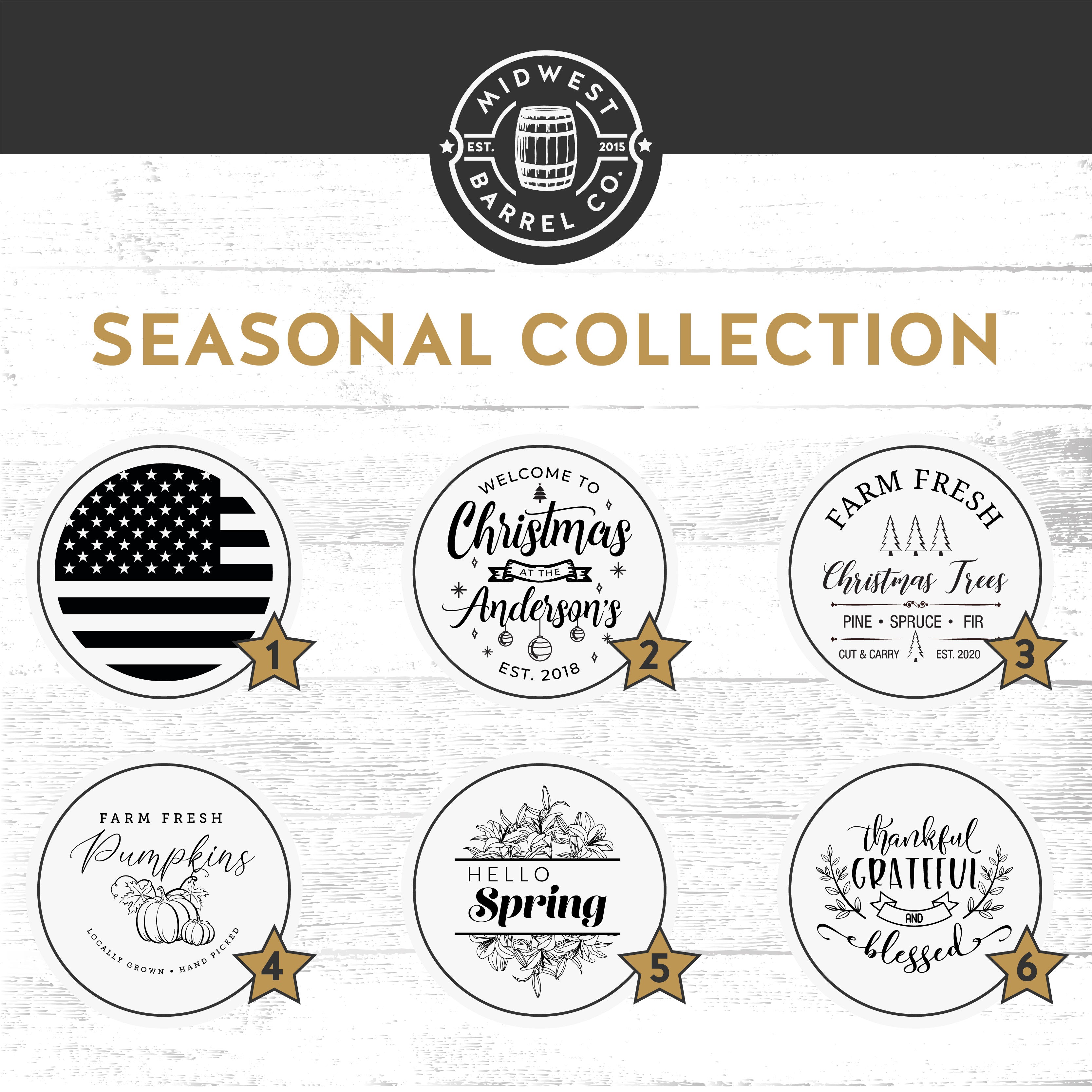 Laser engraved wine and whiskey barrel seasonal designs collection