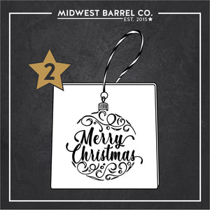 
                  
                    Engraved square wine barrel stave ornament with a Christmas tree bulb and Merry Christmas written inside the bulb
                  
                