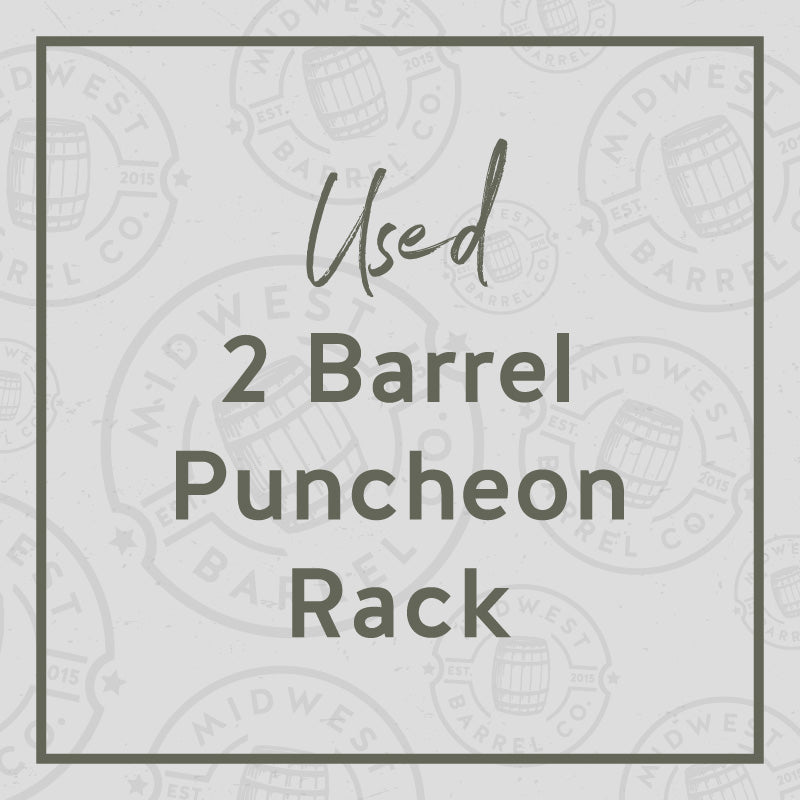 Square with text Used 2-Barrel Puncheon Rack and circle Midwest Barrel Co logos in background