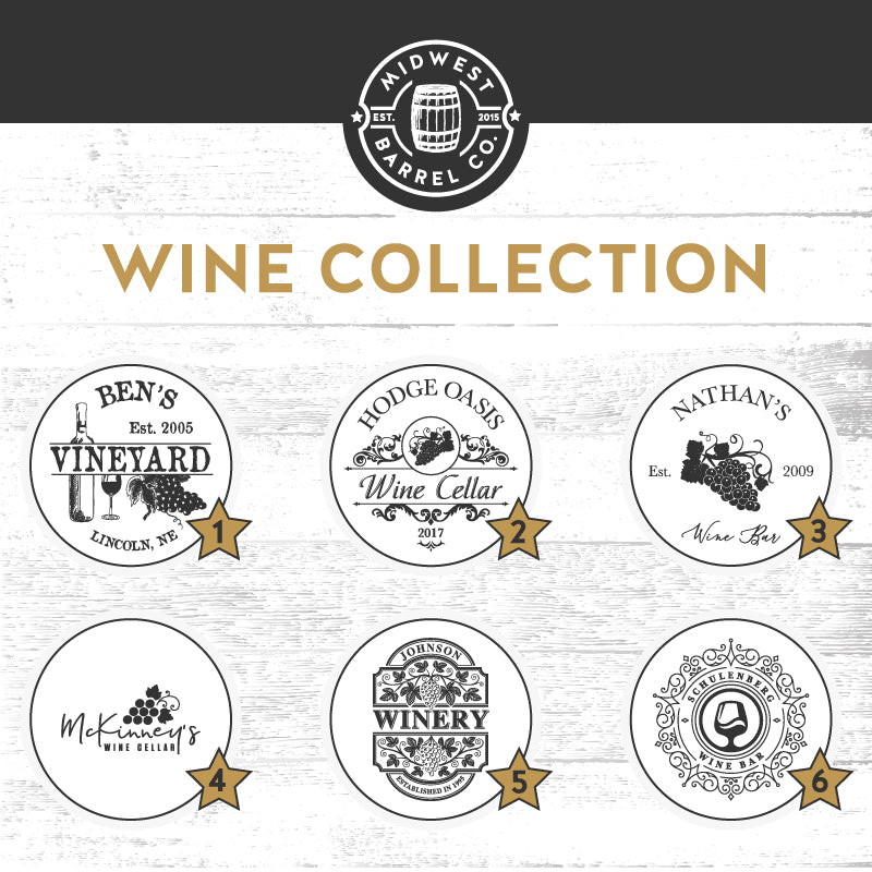 Wine Collection designs by number and Midwest Barrel Co. logo