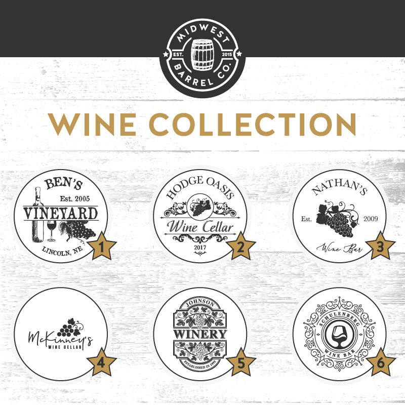 
                  
                    Wine Collection designs by number and Midwest Barrel Co. logo
                  
                