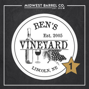 
                  
                    Design No. 1 with text Ben's Vineyard Est. 2005 Lincoln, NE and design with wine bottle, wine glass and bunch of grapes and text Midwest Barrel Co. Est. 2015
                  
                