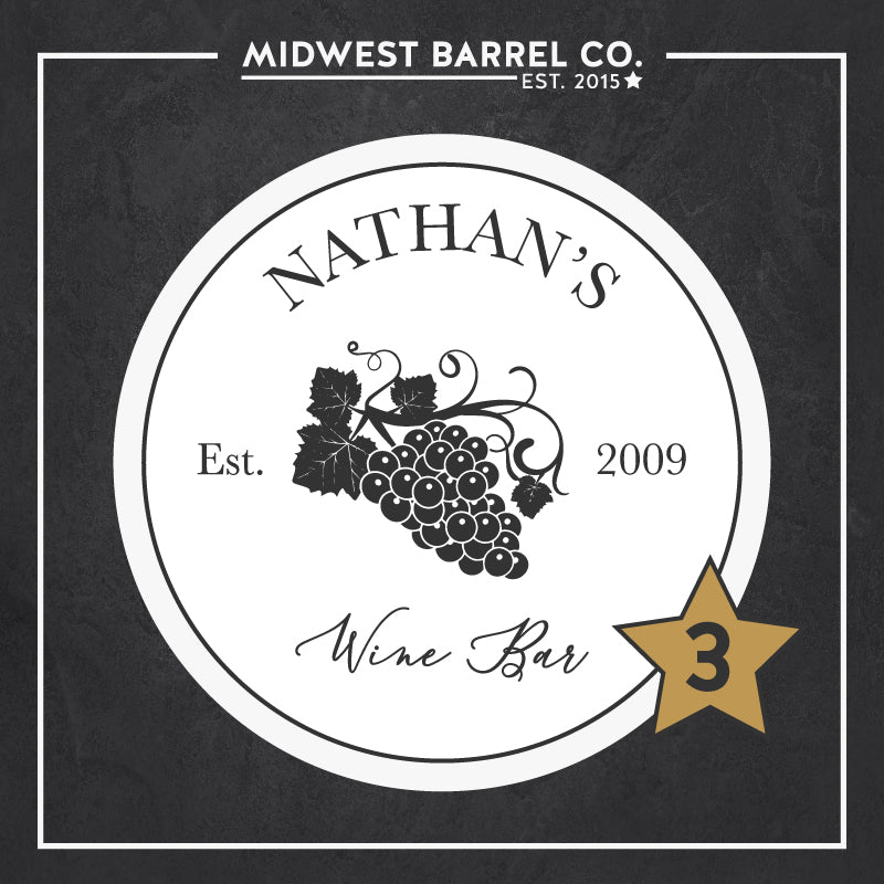 Design No. 3 with text Nathan's Wine Bar Est. 2009 and grape bunch design and text Midwest Barrel Co. Est. 2015