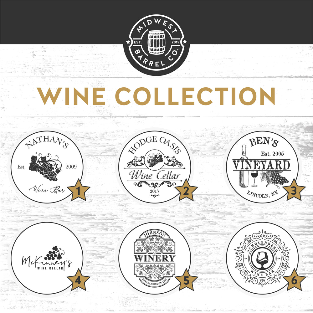 
                  
                    Wine Collection designs by number and Midwest Barrel Co. logo
                  
                