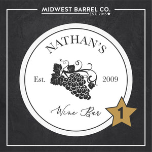 
                  
                    Design No. 1 with text Nathan's Wine Bar Est. 2009 and grape bunch design and text Midwest Barrel Co. Est. 2015
                  
                