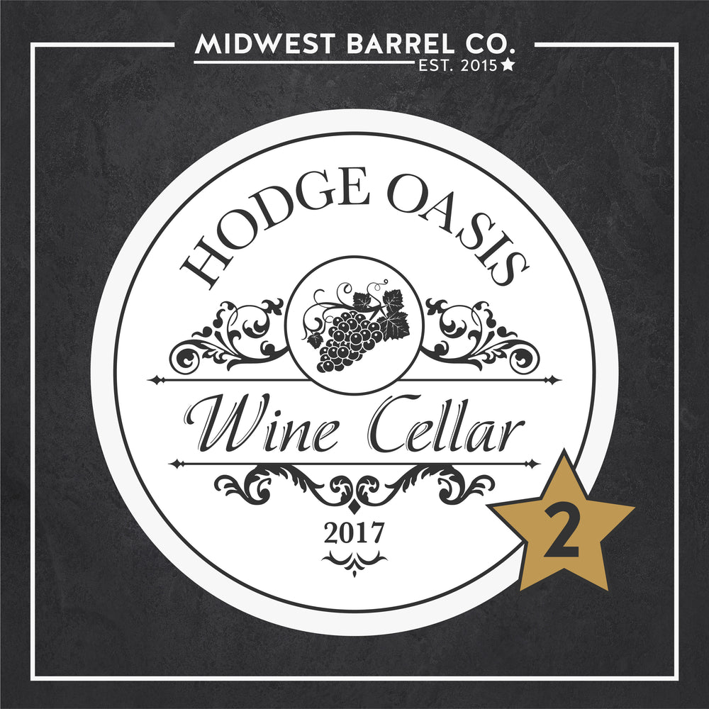 
                  
                    Design No. 2 with text Hodge Oasis Wine Cellar 2017 and grapes design with text Midwest Barrel Co. Est. 2015
                  
                