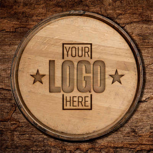 
                  
                    Laser engraved whiskey barrel head with a Your Logo Here and stars example for business or company logo for display
                  
                