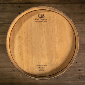
                  
                    View of head of a neutral white chardonnay wine barrel with cooperage markings
                  
                
