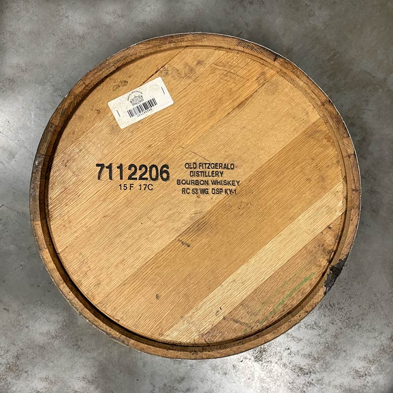 Head of an Old Fitzgerald Bourbon barrel with distillery information marked on the head